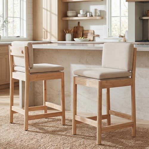 ROCITY Beige Bar Stools Set of 2 Wooden Upholstered Counter