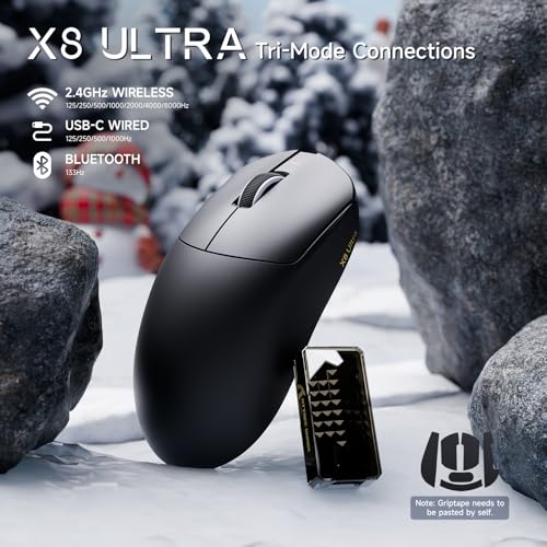Image of ATTACK SHARK X8 Ultra Wireless Gaming Mouse, 42000 DPI PAW3950MAX Sensor, 8000Hz Optical Nordic 52840 Tri-Mode 2.4G /BT /Wired, 55g Lightweight Big Hand Ergonomic Mouse with Coiled Cable-Black&Tape