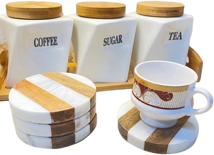 Frescorr (TM) - Luxurious Atelier Marble and Wood Set of 4 Coasters, 4 x 4 inches for Drinks, Hot/Cold,Coffee Mugs, Beer Cans,Bar Glasses. Tea Table/Bar Coasters (Round)