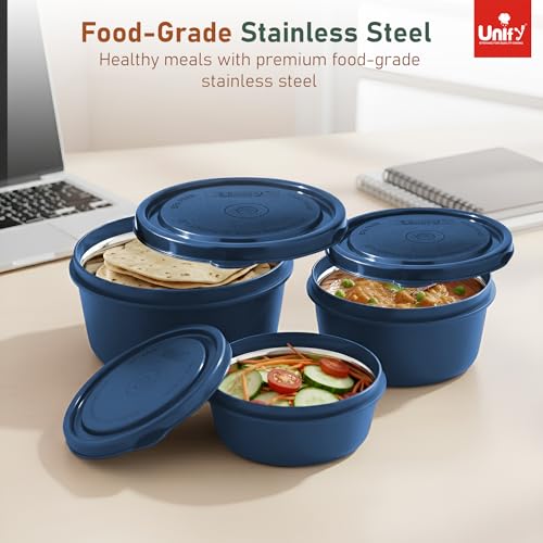 Image of Unify 3 Pieces Stainless Steel Lunch Box | Microwave Safe Leak-Proof Food Storage Containers with Lids for Office, School, Kitchen (Blue, Capacity - 600ml, 400ml, 250ml)