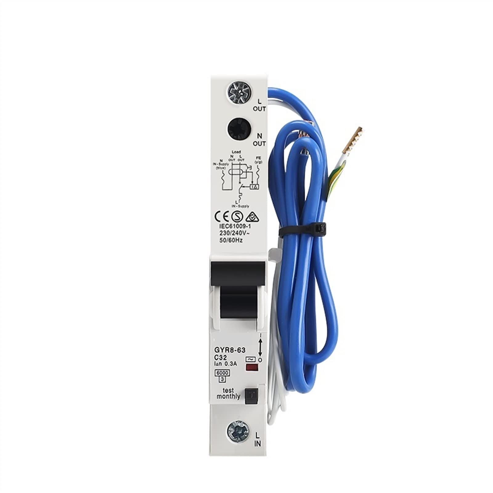 GYR8 elektroniczny wyłącznik różnicowy 18 mm 230 V 1P+N 6 kA z zabezpieczeniem nadprądowym 32 A 10 mA 30 mA, 1 szt. (30 mAh, 20A)