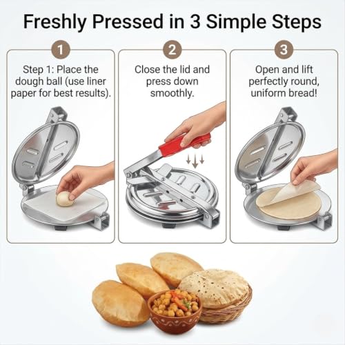 Image of Heavy-Duty Stainless Steel Roti /Tortilla Press with Handle - Manual Flatbread Maker for Chapati, Paratha, Puri & More - 6.50-Inch Plate, Easy to Use & Clean (Random Color & Random Design)