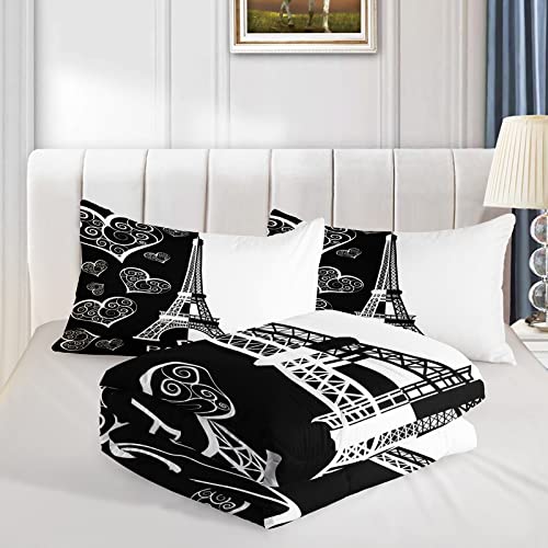 Bsntho Eiffel Tower Comforter Set Hearts Bedding Set Twin Size Paris Romantic Theme Duvet Set Girls Bedding Comforters Black White Quilt Set For Lover Sweetheart Gift Soft Down Alternative #TOP2