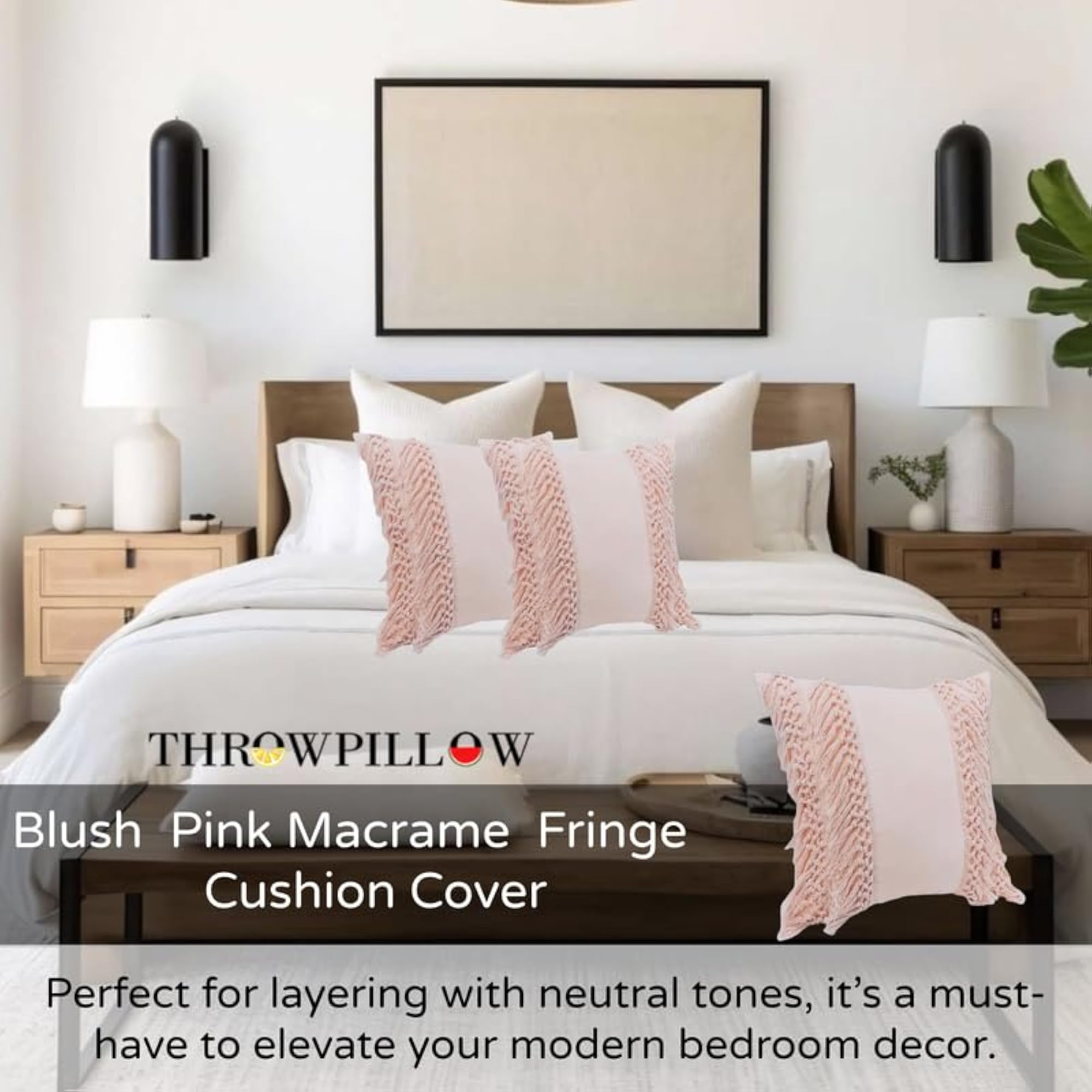 Blush Pink Macramé Fringe Cushion Cover, Boho Chic