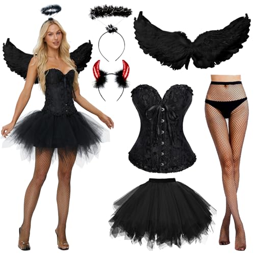 JONRRYIN Schwarz Engel Kostüm, Engel und Teufel Flügel Kostüm, engelsflügel kostüm damen mit Damen Schnürkorsett Top, Tüllrock, Heiligenschein...
