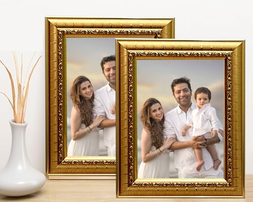 Image of Set of 2 5x7 Inch Golden Color Flexible Glass & Synthetic Wood Hanging /Table Top Modern Art Photo Frame for Wall Decoration Pack of 2