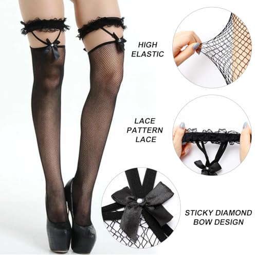 2 Pairs Lace Top Fishnet Stockings Bow Suspenders Thigh High Stockings Mesh Hold up Stockings for Women Girls2