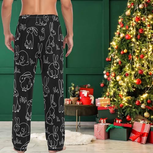 visesunny Mens Pajama Pants Easter Line Drawing Rabbit Black Cotton Men's Sleepwear Lounge Pants Lightweight Pajama Bottoms4