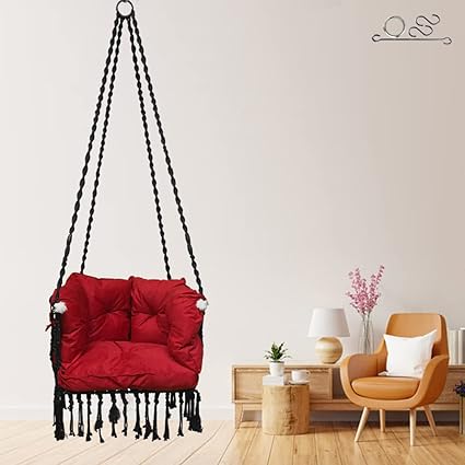 Swing/Swing for Adults/Premium C Shape Swing for Home with Full Body Protective Cushion/Swing for Balcony Garden, Living Room/Hammock Hanging Swing Chair/Jhula for Adult (Black-Red by Patiofy)