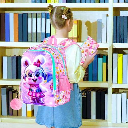 Image of CCJPX 16 inch Bunny Backpack for Girls, 3Pcs Kids Bookbag with Lunch Box, Water Resistant Elementary School Bag for Kindergarten Preschool Toddler (Pink)