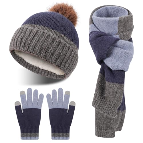 QKURT Conjunto de gorro y bufanda de invierno para niños, gorro de punto cálido de invierno, calentador de cuello, guantes mágicos a rayas para niños de 5 a 12 años