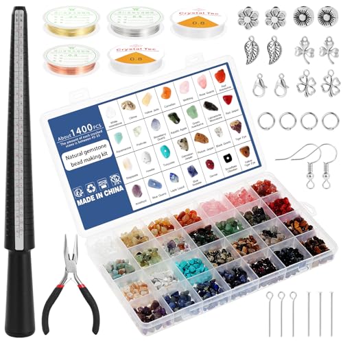 Knpwer 1600 Pcs+Kit Fabrication Bijoux avec Perles Cristal,28 Couleurs Perles Irrégulières en pierres Précieuses Naturelles pour DIY Boucle D'oreille Bracelet Collier Faire Pour