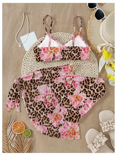 Girl's 3 Piece Floral Leopard Bathing Suit O Ring Padded Bikini Set Swimsuits with Beach Skirt2