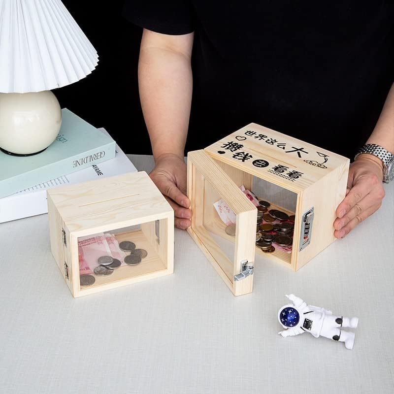 Miniatura 5 de Caja de dinero creativa de madera con cerradura transparente de alta capacidad alcancía decorativa de escritorio para decoración del hogar