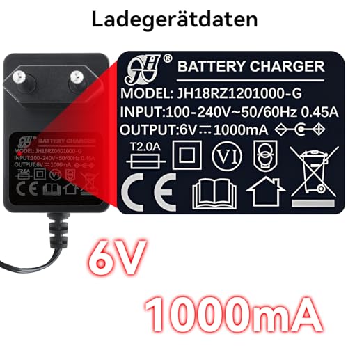 Tosiicop 6V Ladegerät für Kinder Motorrad Elektroauto - 6Volt Battery Charger für Kinde Ride on Toys 6V Netzteil für Baby Elektrisch Vierrädriges Fahrzeug SUV ATV Verschiedene Modelle (6V Ladegerät)