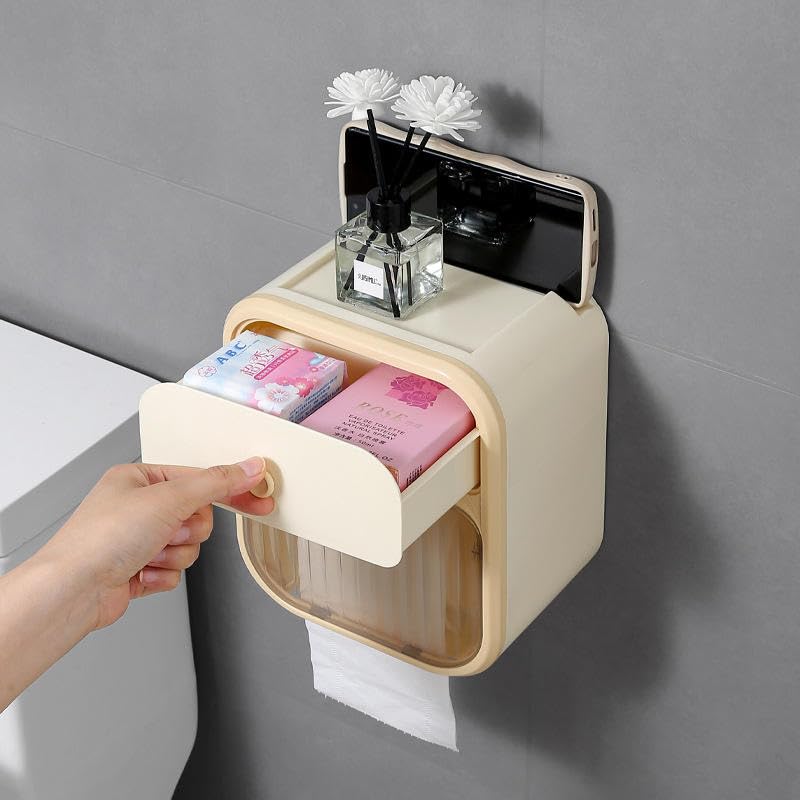Image of Self-Adhesive Toilet Paper Holder with Phone Stand - Wall Mounted Tissue Roll Dispenser Tray for Bathroom | Space-Saving & Stylish Accessory