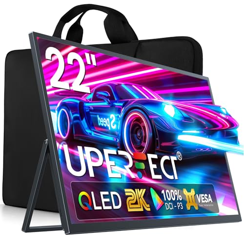 UPERFECT 22 Zoll 2K QLED Portable Monitor 2560x1440 QHD IPS-Display mit 180° Verstellbarem Ständer USB C Mini HDMI Eye Care Matter Bildschirm für Laptop PC PS4/5 Switch/Xbox, VESA-kompatibel