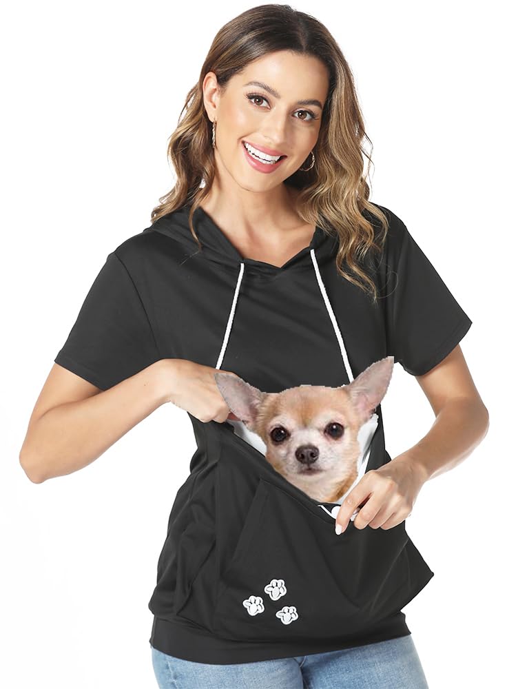 ZIIFULLHOU Women Pet Pouch Shirt Kitten Puppy Holding Top Short Sleeve Kangaroo Thin Hoodies