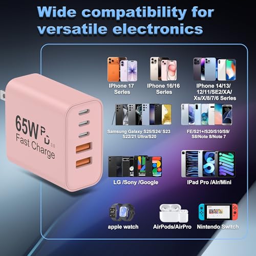 Image of USB C Charger Block, 2Pcs 65W 6-Port USB C Wall Charger for iPhone Charger Fast Charging PD Power Adapter+QC Wall Plug Multiport Type C Brick Chargers for iPhone 17 16 15 14 13 Pro Max XS,for Samsung