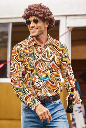 Mainfini Men's 70s Hippies Dress Shirt Floral Paisley Printed Long Sleeve Button Shirts (S-XXL)3