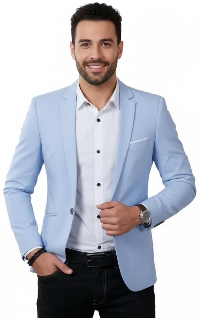 Men's Slim Fit Blazer, Light Blue, Single Button, Notch Lapel, Formal Casual Wear