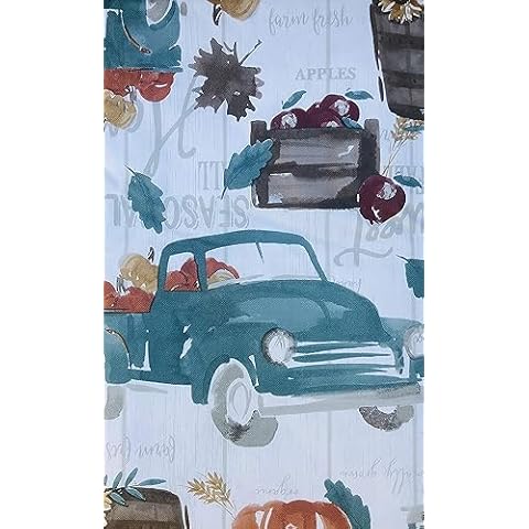 Farm Fresh Fall Harvest Teal Trucks, Pumpkins, Apples & Sunflowers on Rustic White Wood Vinyl Flannel Back Tablecloth (52" x 102" Oblong) Cover