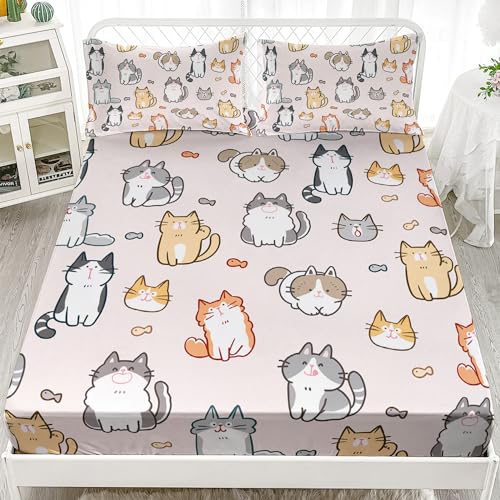 XYNHML Kids Cute Cat Fitted Sheet Set 3Pcs Cartoon Pet Cat Fishing Quilt Bed Sheets Twin Lovely Animal Bedding Set for Boys Teens Adult Includes 1 Fitted Sheet,2 Pillowcases