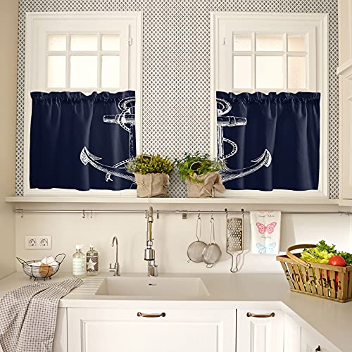 Zzsunfeel Kitchen Curtain Valance And Tiers Set White Nautical Anchor 3 Pcs Window Panel Curtain Tiers Set Navy Blue Kitchen Window Treatment Drape (54"X18" Valance, 2 Set Of 27 X24 Tiers) #TOP3
