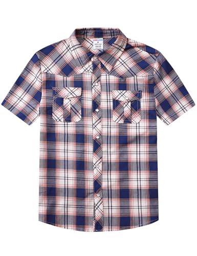 Image of COSLAND Boy's Toddler Cotton Western Short Sleeve Button Down Plaid Shirt, 4-14 Years