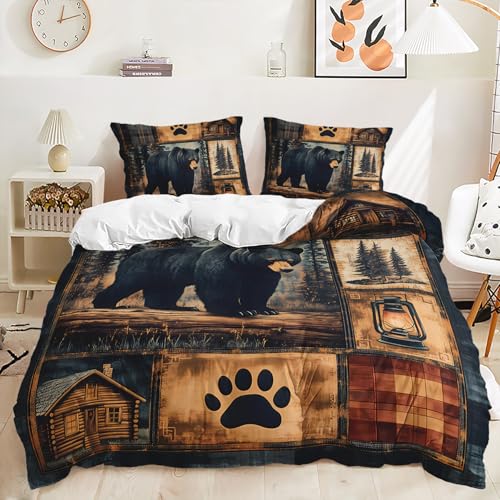 AILONEN Black Bear Duvet Cover Set King Size,Rustic Bear Bedding Set for Kids Boys Girls,Wildlife Themed Hunting Comforter Cover with 2 Pillowcases,3 Pieces