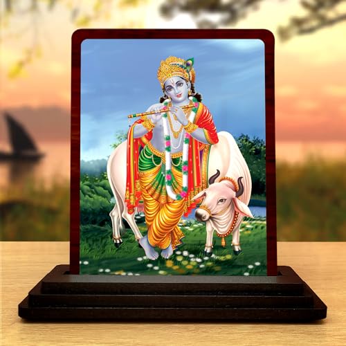 Image of Panchmukhi Hanuman Wooden Idol - Glossy Finish 5x4in | Murti for Car Dashboard & Home Temple | Perfect Small Statue for Door Entrance & Puja | Enhance Spaces (Cow Krishna)