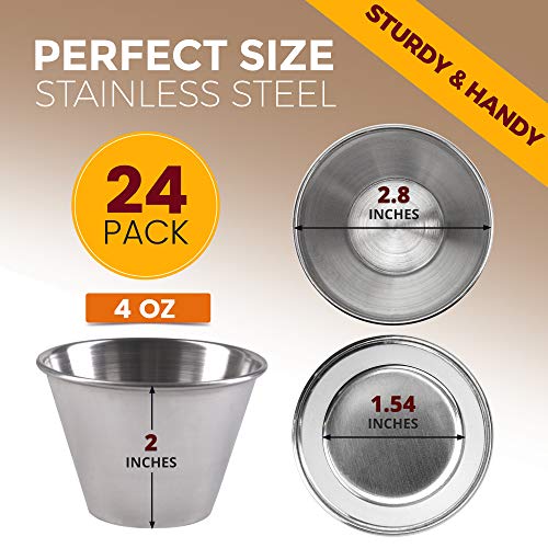 [24 Pack] 4 Oz Stainless Steel Sauce Cups - Individual Round Condiments Ramekins, Commercial Grade Safe/Portion Dipping Sauce Kitchen Set #TOP1
