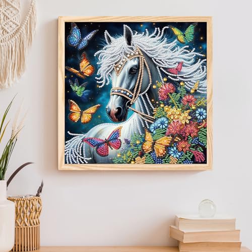Image of 5D Special Shape Diamond Art Kits for Beginners, Diamond Art Painting Kits for Adults, Crystal Rhinestones Diamond Art Painting for Home Wall Decoration Gift 12x12 inch, White Horse Butterfly