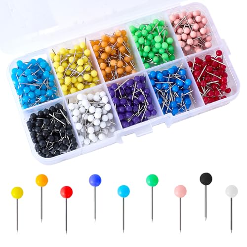 Dfqsofd 1000Pcs Colorful Map Pins, 10 Colors 1/8 Inch Round Push Pin, Map Pins for Travel Map Small Map Tacks with Bead Head for World Map Pin Board, Bulletin Board, Fabric Marking, Craft
