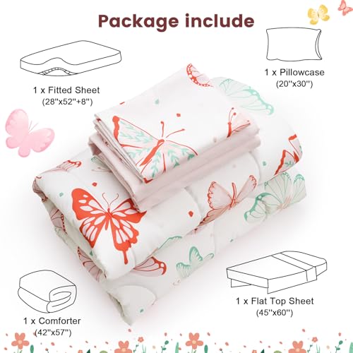 Image of david's kids 4 Piece Toddler Bedding Set - Soft Breathable Toddler Bedding Set for Girls, Includes Quilted Comforter, Flat Sheet, Fitted Sheet and Pillowcase, Butterfly
