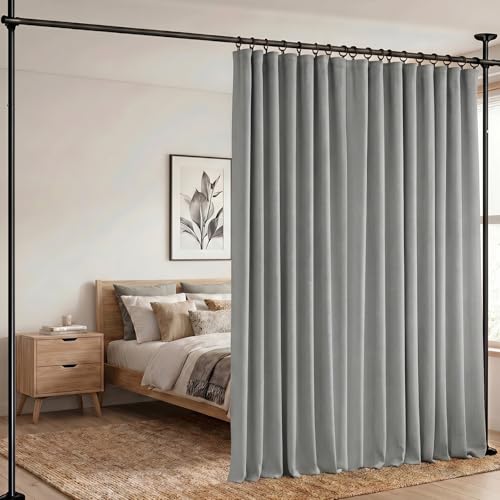 Image of hoeflife Room Divider Curtains Blackout Floor to Ceiling Curtain with Hook Wall Mount Sliding Door Curtains Ceiling Mount Extra Wide Curtain Wall Divider for Room Separation(Light Grey,W100 x H84 in)