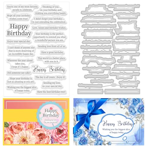 ORIGACH Happy Birthday Stamps and Dies for Card Making Birthday Sentiment Clear Stamps and Cutting Dies for Scrapbooking DIY Crafting Decorative