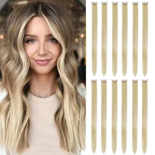 12 Pcs Colored Clip In Hair Extensions Beige Blonde hair 20 Inches Straight Hair Clip In Synthetic Hair Extensions For Women Synthetic Hairpieces Can Be Hot Water Curl (12pcs,Beige Blonde)