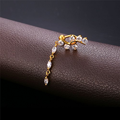 U7 Dangle Belly Ring For Women Gold Plated Crystal Navel Piercing Ring Cubic Zirconia Long Leaf Belly Ring #TOP3