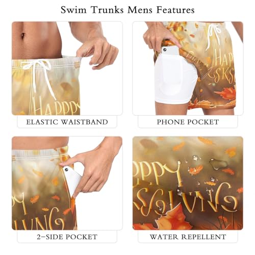 Mens Swim Trunks with Liner, Pumpkin Thanksgiving Autumn Cool Quick Dry Beach Swim Shorts, Swimwear Bathing Suits S3