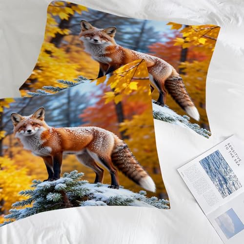 Image of Wildlife Fox Comforter Set Full Size Red Fox Snowy Pine Tree Print Bedding Sets for Girls Boys Kids Adults Bedroom Decor Autumn Forest Quilt 1 Comforter 2 Pillowcases