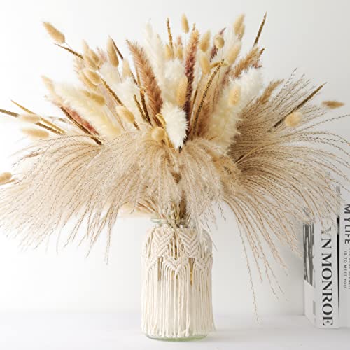 Dried Pampas Grass Decor - 120 Pcs Dried Flowers for Vase Pompas Grass Fall Decor, 17" Natural Dried Pampas Grass Bouquet Boho Flowers Reed Pampass Grass, Fluffy Pampas Grass for Wedding Boho Decor