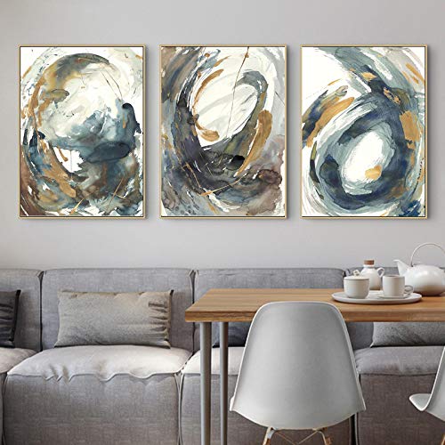 Peinture murale abstraite dorée moderne 60x90 cm salon | Lot de 3 toiles sans cadre