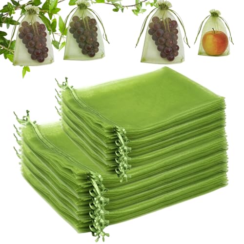 100 bolsas de protección para uvas, color verde, con cordón, para frutas, para repeler pájaros, avispas, moscas de la fruta (2 tamaños, 10 x 15 cm/17 x 23 cm)