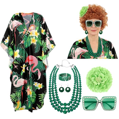 Maiteenly 7pcs Halloween Lady Costume Curly Red Brown Wig Print Caftan Dresses Jewelry Set and Sunglass for Cosplay Party (Flamingo)