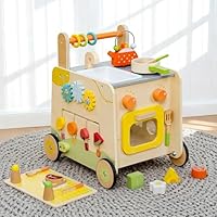 Wooden Baby Walker 3-in-1 Push Toy for Toddlers, Montessori Sensory Activity Center with Pretend Kitchen, Adjustable Speed Learning Walker, Safe Wooden Toy, Ideal Gift for Boys and Girls