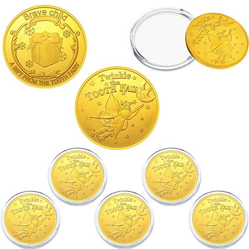 5 Pieces Tooth Fairy Gold Coins for Kids Boys Girls Lost Teeth Reward Commemorative Coin Tooth Fairy Golden with Plastic Case No Fading Commemorative for Lost Kid