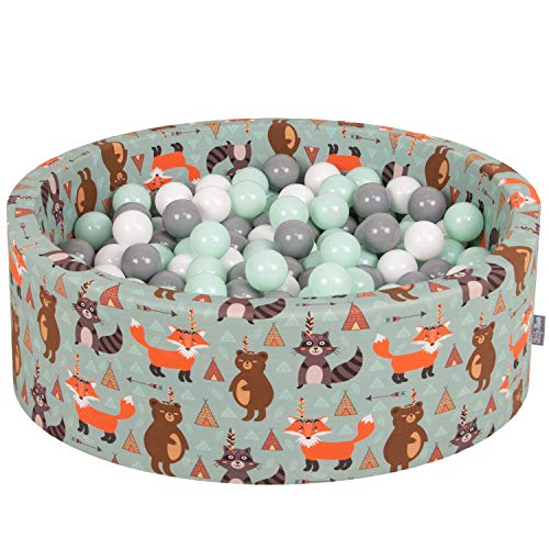 KiddyMoon Piscine À Balles pour Bébé Rond 90X30cm/200 Balles 7Cm Fosses À Boules Jouet Enfant, Renard-Vert: Blanc/Gris/Menthe