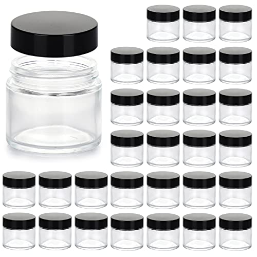 2oz Jars with Lids, HOA Kinh 30 Pack Clear Glass Jars Empty Cosmetic Containers Round Airtight Glass Jar with Inner Liners and black Lids for Storing Lotions, Powders, and Ointments