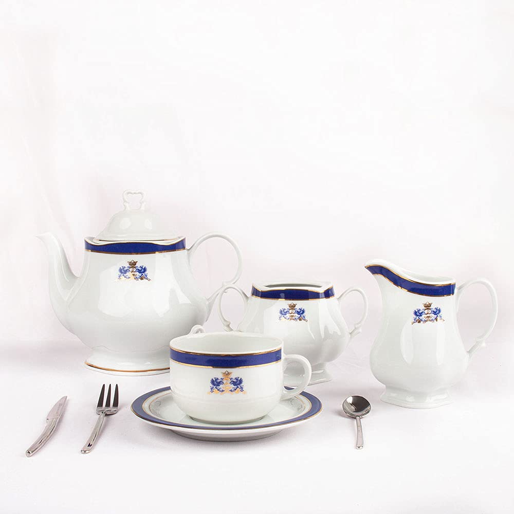 Duisburg - Set da tè in porcellana bianca decorata in blu coblato e filo d'oro 27 pezzi - 12 tazze, 12 piattini, 1 teiera, 1 lattiera, 1 zuccheriera